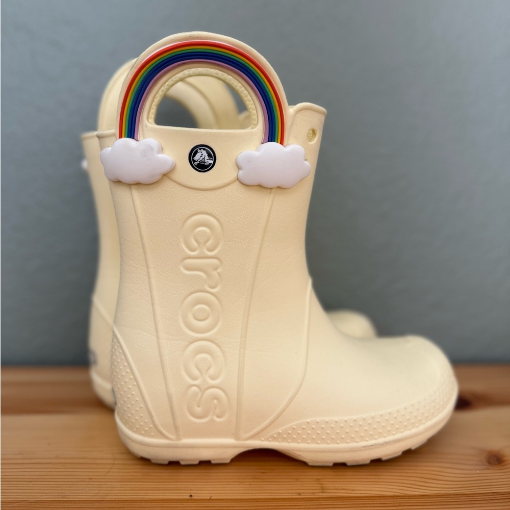 CROCS Kids Buttercream Rain Boots with Rainbow Accents